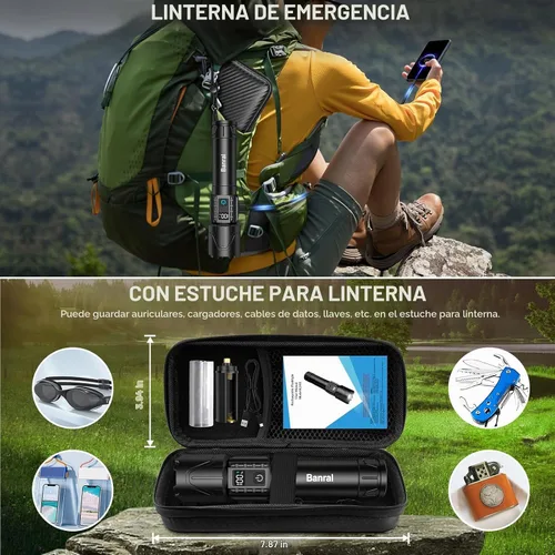 Vista 6 de Linternas tácticas recargables Banral de 2000 lúmenes altos - 5000mAh súper brillantes, linterna LED potente impermeable, linterna USB C portátil