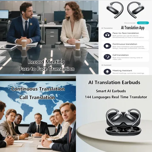 Vista 3 de Auriculares de traducción AI en tiempo real, auriculares Negro
