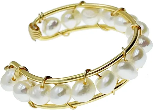 Vista 4 de K&H JWL DIVINE CIRCLE/ Anillo de envoltura de alambre de oro con cuentas de perlas de 14 quilates, tamaño libre apilable, perla, Perla