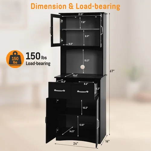 Vista 2 de 67" Kitchen Pantry Cabinet with Glass Doors & Drawers Adjustable Shelves, Anti-Tip Safety, Space-Saving for Small Kitchens, Easy-Clean, Perfect