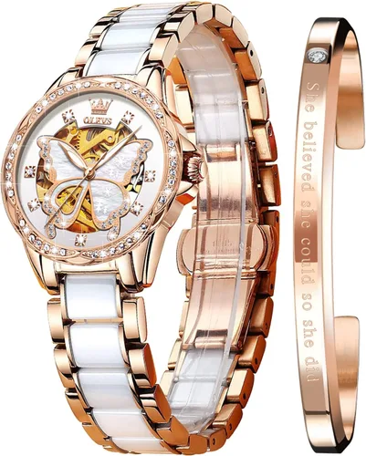Vista 9 de OLEVS Relojes automáticos mecánicos para mujer de cuerda automática, oro rosa, dos tonos, correa de cerámica, esfera de corazón de amor