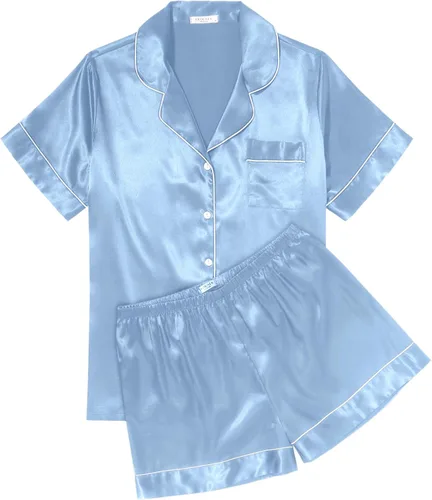 Vista 23 de Ekouaer Conjunto de pijama de satén de seda para mujer, suave, de manga corta, con botones, ropa para dormir, camiseta y pantalones cortos, juego