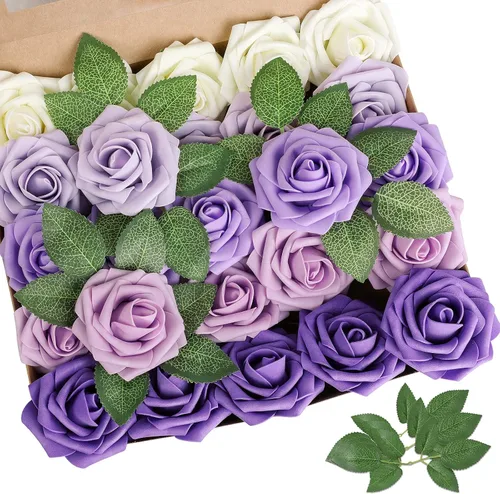 Vista 29 de AmyHomie 25 flores artificiales de aspecto real con tallo de rosa beige