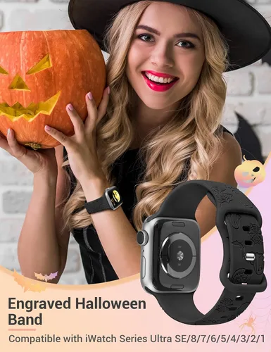 Vista 5 de W-RARA Correa grabada de Halloween compatible con Apple Watch Band de 1.496 in 1.575 in 1.614 in 1.654 in 1.732 in 1.772 in 1.929 in para mujeres