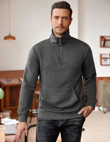 Vista 3 de COOFANDY Sudadera con cremallera de un cuarto para hombre, manga larga, color liso, a cuadros, jacquard, con bolsillo