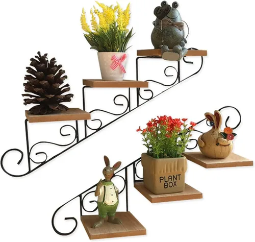 Vista 6 de Wnvivi 2 piezas de soporte para macetas en forma de escalera, estante retro para colgar en la pared, estante creativo abierto montado en la pared