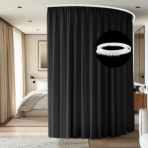 Vista 19 de Divisor de habitación con rieles para cortinas montadas en el techo, juego extra ancho de cortinas opacas con rieles flexibles para dormitorio