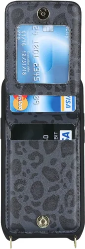 Vista 6 de Funda para iPhone 13 mini con tarjetero y correa para mujer, bolsa cruzada con soporte de anillo con cremallera para Apple 13mini, leopardo negro