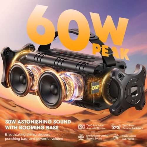 Vista 8 de W-KING Altavoces Bluetooth Portátiles Inalámbricos, (60W Pico) 30W RMS IPX6 Altavoz para Exteriores Impermeable Fuerte, 24H, EQ, AUX, Tarjeta TF