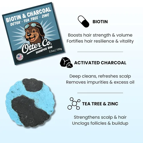 Vista 2 de Otter co. Biotin - Barra de champú desintoxicante - Aceite de carbón y árbol de té, romero, cúrcuma, té verde, zinc, vegano, sin sulfatos