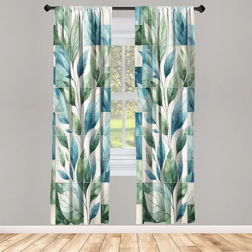 Vista 5 de Ambesonne Paquete de 2 cortinas para ventana con estampado de hojas, arte botánico con hojas, mosaico, detalles cuadrados cúbicos, naturaleza