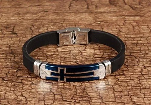 Vista 2 de Fashion Month Pulsera de silicona de acero inoxidable blanco vintage para hombre, diseño de cruz azul, Acero inoxidable Silicona