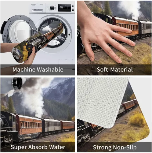 Vista 6 de UNIOND Tapete absorbente antideslizante con estampado de tren de locomotora de vapor, 24 x 16 pulgadas, de franela, lavable, para interiores