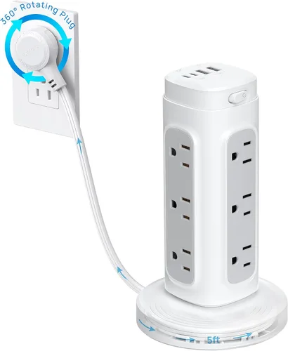 Vista 9 de TROND Torre de Regleta de Alimentación Retráctil – Regleta protectora de sobretensiones de enchufe plano con USB C PD de 20 W, cable de extensión