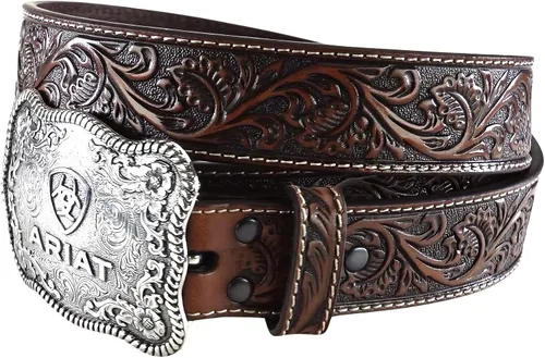 Vista 5 de ARIAT Cinturón de cuero en relieve floral para hombre con hebilla de vaquero plateada envejecida