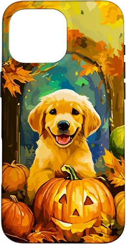 Vista 19 de Cute Golden Retriever Fall Pumpkin Autumn Leaves Halloween Case for iPhone 16