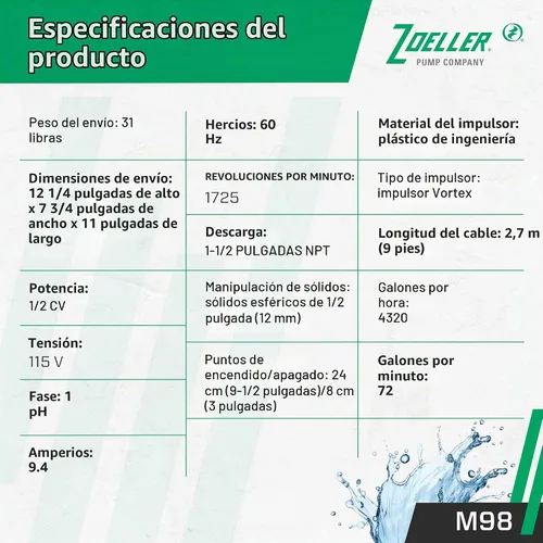 Vista 3 de Zoeller Bomba de sumidero M98 Flow-Mate - 1/2 HP - Hierro fundido - Enchufe de alimentación LED - Alto flujo - Turbina de vórtice - Hardware