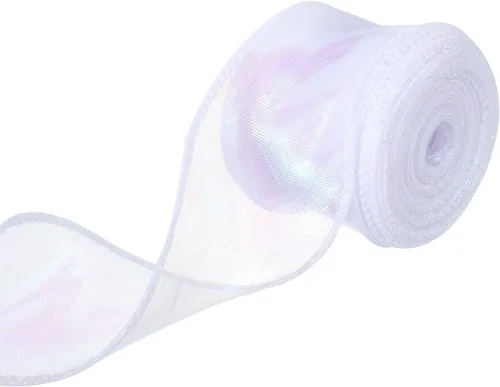 Vista 12 de MECCANIXITY - Cinta de organza con cable de 1 1/2" de ancho, brillante, transparente, con brillo irisado en tonos pastel, cinta de gasa para Beige