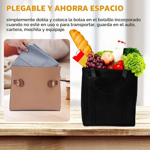 Vista 6 de JERIA Paquete de 24 bolsas de comestibles reutilizables, bolsas de compras grandes y plegables lavables, bolsas de mano resistentes con asas Negro