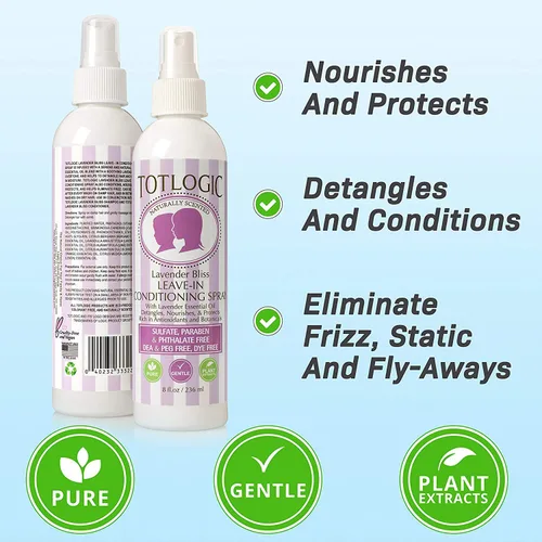 Vista 2 de TotLogic Spray desenredante de cabello para niños, lavanda Bliss, paquete de 2 (8 onzas cada uno), acondicionador desenredante sin enjuague