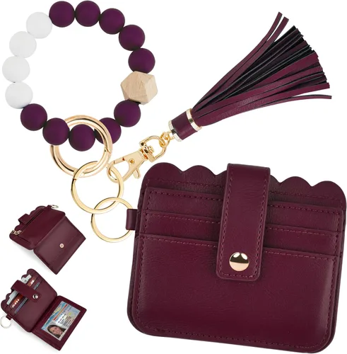 Vista 25 de Cartera de pulsera para mujer con llavero – Tarjetero RFID pequeña cartera con llavero Beige
