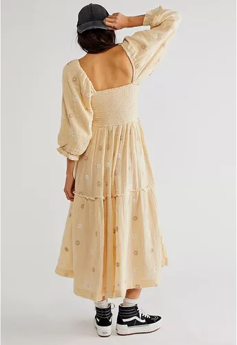 Vista 3 de ABYOVRT Vestido largo bordado floral para mujer, manga larga abombada, cuello cuadrado, bohemio, fluido con bolsillos, vestido de otoño fruncido