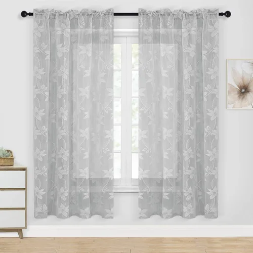 Vista 43 de DWCN Paquete de 2 cortinas traslúcidas pequeñas de encaje floral beige para cocina, cortinas traslúcidas ligeras con bolsillo para barra, cortinas