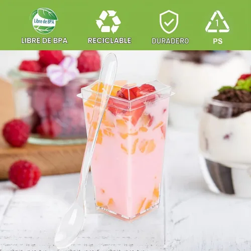 Vista 5 de EASERCY Paquete de 100 mini tazas de postre de 3 onzas con tapas y cucharas, tazas transparentes para postres con cucharas, tazas de parfait
