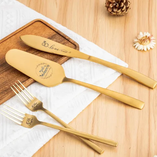 Vista 3 de Juego de cuchillo y servidor para pastel de boda, copas de champán para regalos de despedida de soltera Dorado