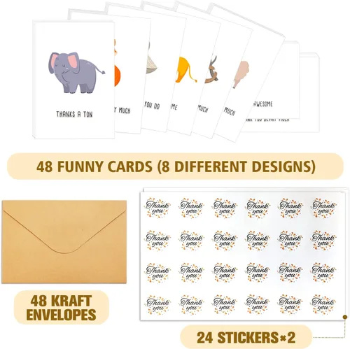Vista 2 de Juego de 48 Tarjetas de Agradecimiento, Paquete de Tarjetas de Notas de Agradecimiento con Juegos de Palabras de Animales, Tarjetas de Animales