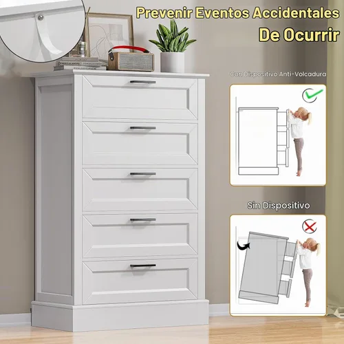 Vista 6 de ZLWJGY Cómoda blanca para dormitorio, cómoda de madera con 5 cajones, cómoda para dormitorio, sala de estar, entrada, pasillo, asas negras