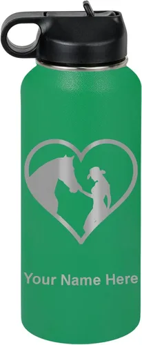 Vista 30 de LaserGram Botella de agua personalizada, corazón de vaquera de caballo, acero inoxidable de doble pared aislada al vacío con popote superior, regalo