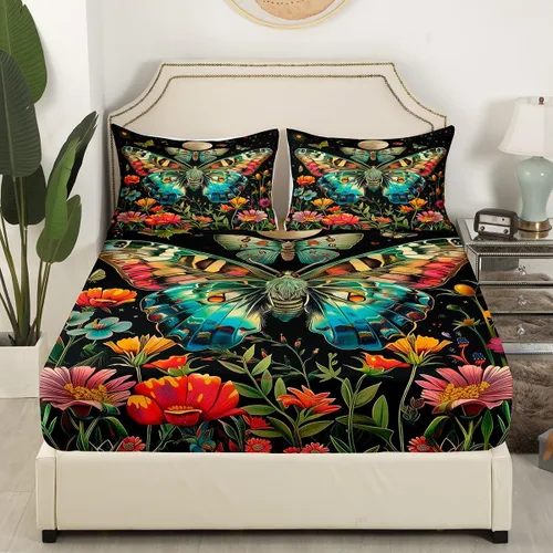 Vista 3 de Manfei Juego de sábanas bajeras de noche gótica, tamaño individual, 3 piezas, juego de sábanas rústicas de mariposa de polilla para decoración