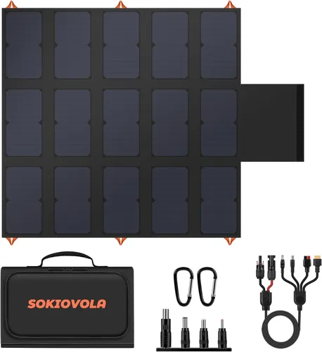 Vista 9 de SOKIOVOLA [Actualizado] Paneles solares plegables 50W Cargador de panel solar portátil 3 puertos de salida (USB-A USB-C DC) Panel solar plegable