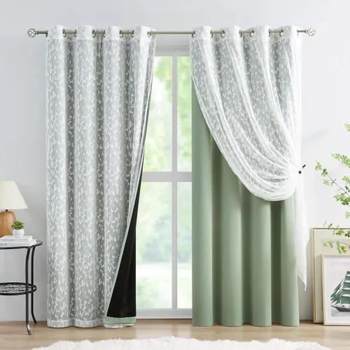 Vista 11 de Jubilantex Cortinas opacas completas + paneles de ventana transparentes con hojas, juego de tratamiento de ventana de doble capa estilo mezcla