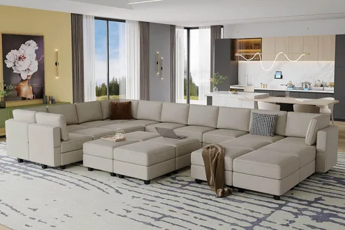 Vista 16 de Belffin Sofá modular grande con asiento de almacenamiento, sofá en forma de U de gran tamaño con diván reversible con sofá modular con terciopelo