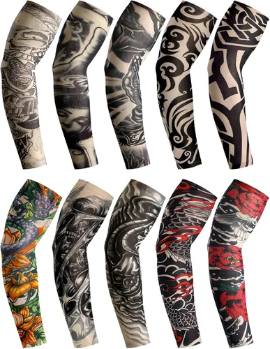 Vista 15 de Boao 20 piezas de mangas de brazo de enfriamiento para hombre, manga larga sin dedos, antideslizante, protección UV, mangas temporales para tatuajes