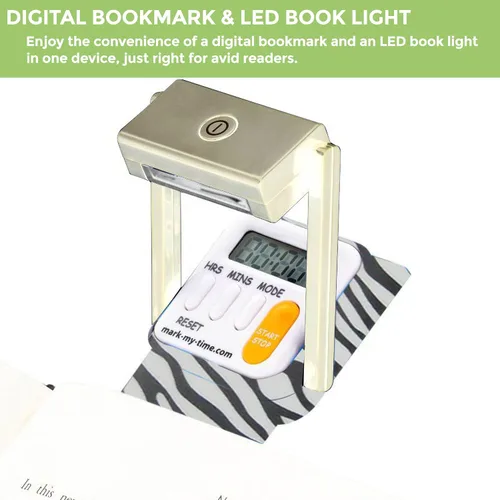 Vista 5 de Mark-My-Time Zebra - Luz LED para libros con marcador digital y temporizador de lectura