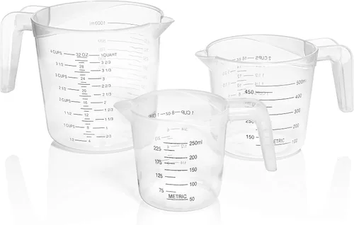 Vista 7 de Juego de 3 tazas medidoras de líquidos, 1 cuarto de galón, vasos medidores de plástico transparente con asas largas