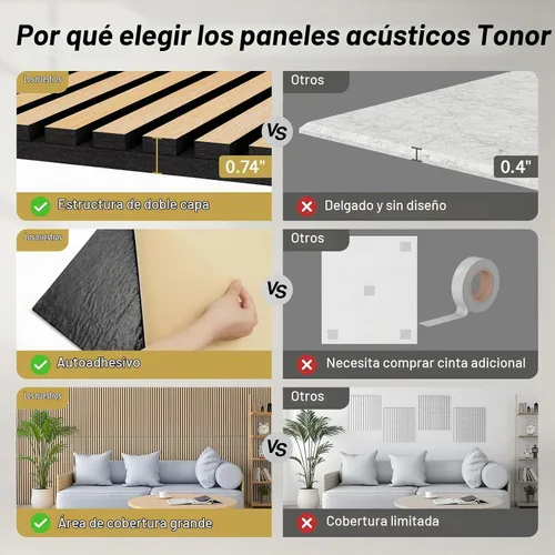 Vista 3 de TONOR Paquete de 4 paneles de pared de chapa de madera acústica, panel autoadhesivo 3D de 47.2 x 23.6 x 0.74 pulgadas, azulejos insonorizados
