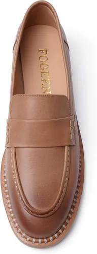 Vista 3 de FOGEENA Mocasines de cuero mate para mujer, estilo casual, sin cordones, punta redonda, tacón bajo grueso, zapatos de vestir de 1 pulgada