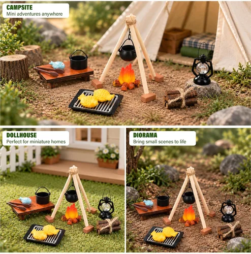 Vista 7 de Accesorios de camping a escala 1:12, casa de muñecas en miniatura, fogata
