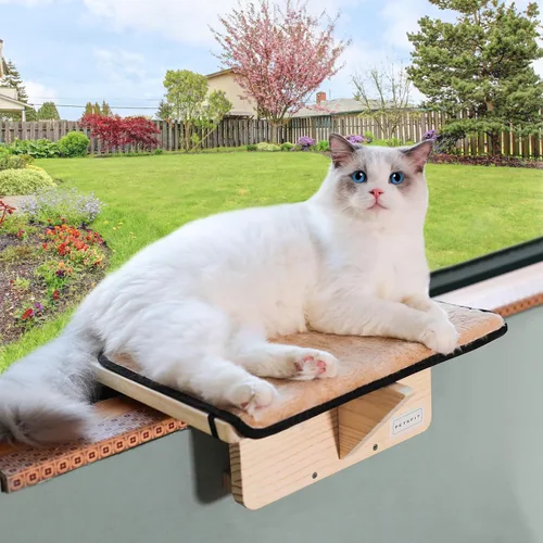 Vista 10 de Percha de Ventana para Gatos Petsfit, Hamaca de Gato de Madera Maciza Natural con Estera de Forro Polar Desmontable, Percha de Ventana Fácil