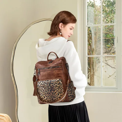 Vista 38 de OPAGE - Mochila de cuero para mujer, con borla de moda, bolso de hombro, mochila grande, bolsa de viaje, gris, L