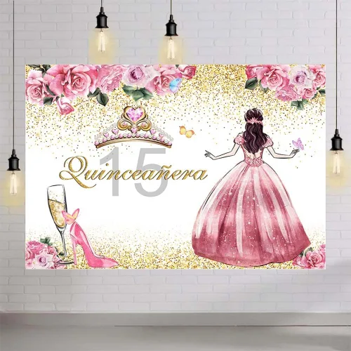 Vista 4 de AIBIIN Telón de fondo de quinceañera de 15 cumpleaños para niñas, fondo de fotografía rosa floral dorado con purpurina, corona de princesa, tacones