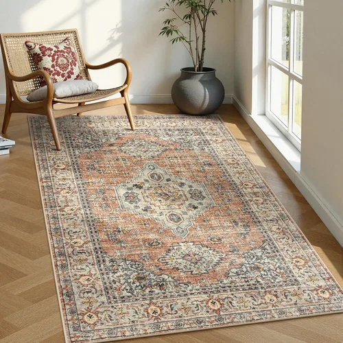 Vista 45 de Lahome Alfombra oriental lavable de área pequeña, 2 x 3 pies, para entrada, cocina, ultra fina, suave, tapete antideslizante para puerta de Azul