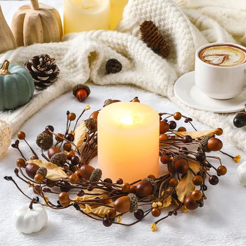 Vista 3 de Paquete de 2 anillos pequeños para velas para el día de Acción de Gracias, corona de velas de otoño de 6 pulgadas con hojas artificiales