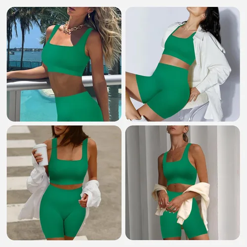 Vista 3 de FeelinGirl Conjuntos de entrenamiento para mujer, 2 piezas, sin costuras, brasier deportivo acanalado, pantalones cortos de cintura alta, tallas