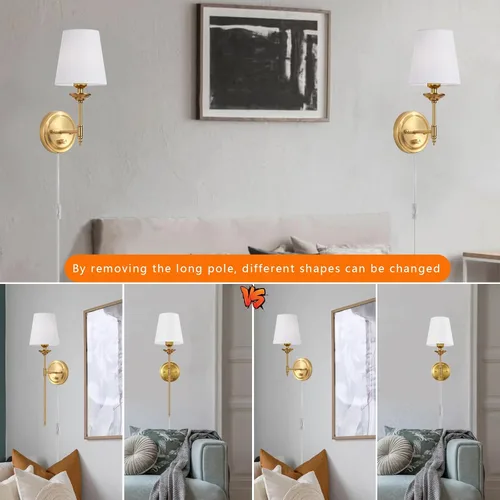 Vista 3 de Juego de 2 apliques de pared regulables enchufables, lámpara de pared dorada para mesita de noche con interruptor regulador de perilla y cable