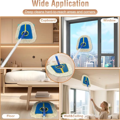 Vista 7 de SOBONNE - Trapeador de polvo comercial para limpieza de pisos de madera dura 2 Reusable Wedge Cotton Mop Pads/61" Long Handle Dry Mop Broom for